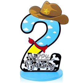 Vercraft Toy Theme 2th Birthday Party Number Centerpiece Cartoon Party Number Sign Blue Sky and White Cloud Cow Birthday Sign for Boy and Girl Decor