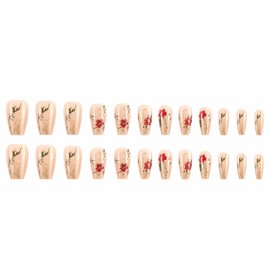 MERVF Coffin Press on Nails Long Fake Nails Flower Glue ons Gold Design Manicure Acrylic Ballerina False Nail Supplies DIY Glossy 24pcs Glossy