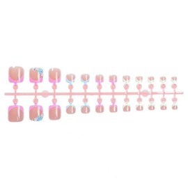 Flower Press on Toenails Colorful French Tip Fake Nails Summer Stick on Toenail with Floral Design Glossy Glue on Toes Artificial Acrylic Full Cover Short Square False Toes for Women Manicure 24 pcs