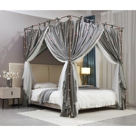AIOOO 4 Corners Post Princess Curtain Bed Canopy Double Layer Cozy Mosquito Net Mesh and Cloth for Girls Adults Bedroom Decoration (Double-Grey/White, 59" W*82" L*82"*H/(Queen))