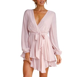 Cosonsen Womens Party Dress Deep V-Neck Long Sleeve Tie Waist Cute Mini Dress Pink M
