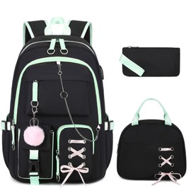 Backpacks for Girls, Girls Backpack with Lunch Box and Pencil Case for Teen Kid Elementary Middle High School College Student, Children Backpack Bookbag with USB Charging Port (Black Green with Chain)
