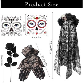 Halloween Headpiece Roses Day of the Dead Headband, 100 cm Mexican Headband Roses with Lace Gloves and Face Tattoos, Day of the Dead Hair Band for Women, Costume Accessories