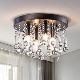 Maxax Mini Crystal Chandelier, 4 Lights Flush Mount Ceiling Lighting, Modern Raindrop Pendant Lamp, E12 Base, for Hallway, Kitchen, Dining Room, Kids Room, Antique Black