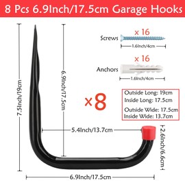 Garage Wall Hooks, 8 Pack Ladder Storage Hooks, Heavy Duty Wall Hooks, 17.5cm Ladder Storage Hooks, Heavy Duty Wall Hook (19cm x 17.5cm)