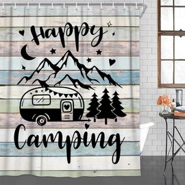 RV Shower Curtain for Bathroom, Happy Camping Shower Curtain Vintage Travel Trailer Bathroom Curtains, Rustic Wood Bath Curtain Waterproof Travel Camping Shower Curtain Set with 12 Hooks 47X64 Inch