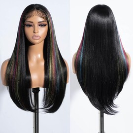 Rebecca Q Long Straight Black Wig For Black Woman Synthetic Hair Replacement Wig with Colorful Highlights Lace Front Wig Middle Partfor Daily Cosplay Use 26inches (VIVI.CANDY)