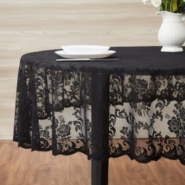 LinenZone Black Oval Tablecloth for Rustic Vintage Decor. Sheer Lace Tablecloth Works Great As Wedding Tablecloth, Thanksgiving Tablecloth or Christmas Tablecloth (Mia Oval 72, Black)