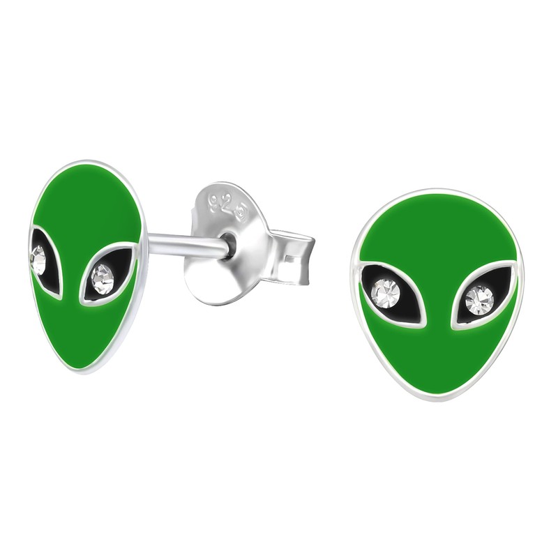Alien .925 Sterling-Silver Very Tiny Stud Earrings, Hypoallergenic (Green)
