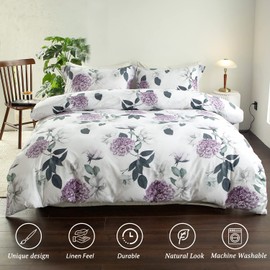 MILDLY 100% Washed Cotton Duvet Cover - Purple Hydrangea Floral Comforter Cover Set Botanical Flower Pattern Bedding Set with Zipper Closure