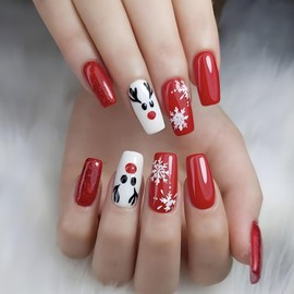 Christmas Press on Nails Medium Coffin Artificial Fake Nails With Snowflake Elk Designs Red Full Cover Glue on Nails Artificial Acrylic Nails Glossy Stick on Nails for Women 24 Pcs