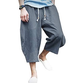KAMUON Mens Casual Baggy Cotton Linen Pocket Lounge Harem Pants Beach Long Shorts (US L = Asian Tag 3XL : Waist 36"-37", Blue Grey)