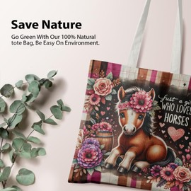 Veqzc Floral Baby Horse Tote Bag, Horse Gifts for Women, Gifts for Horse Lovers, Cowgirl Gifts, Just a Girl Who Loves Horses Plaid Canvas Tote Bags for Women, Reusable Grocery Bags Shopping Bags