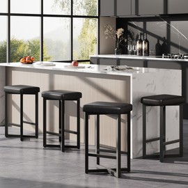 GarveeHome Bar Stools Set of 4, 24.6" Upholstered Counter Height Bar Stools with Metal Frame & Footrest, Modern Backless Kitchen Barstools with PU Leather for Home Bar, Dining Room, Black