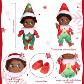 Threan 2 Pcs Christmas Elf Twins Ethnic Hispanic African American Black Elves Doll Xmas Figure Baby Toy Village Elf Accessories Decoration Advent Calendar Stocking Stuffer (Tree Style)