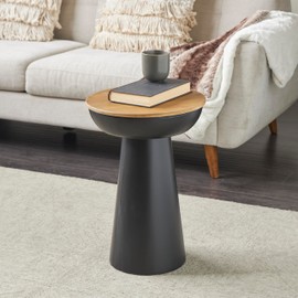 Deco 79 Metal Handmade Side End Accent Table Pedestal End Table with Brown Wood Tabletop, Side Table 15" x 15" x 21", Black