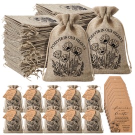 Tanlade 50 Sets Funeral Favors Forever in Our Hearts Seed Packet Organizer Favor Burlap Bag with Prayer Memorial Tags and Twine for Celebration of Life Loss of Loved One, No Seeds (Poppy)
