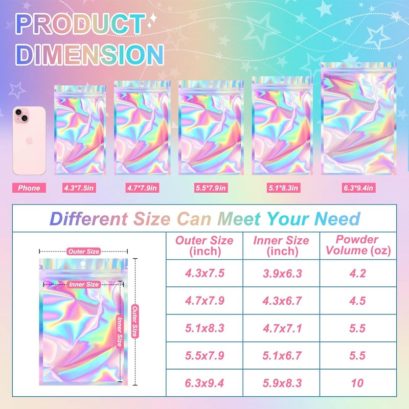 ANZNKU 100 Pack Mylar Bags Reasealable Holographic Bags, Smell Proof