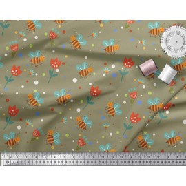 Soimoi Green Silk Fabric Dot,Floral & Honey Bee Clip Art Printed Fabric 1 Yard 42 Inch Wide