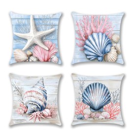 Outdoor Summer Pillow Covers 18x18, Beach Patio Pillow Case, Light Blue Linen Nautical Cushion Covers Cushion Case for Sofa Couch Home Summer Decoration,4 Pack
