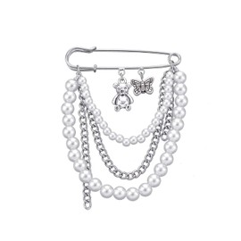 Carufin Love Lock Shaped Angel Wing Pendant Brooch Cross Pin Butterfly Bear Pearl Chain Brooch Jewellery for Women, Metal