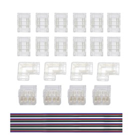 Clearhill 10mm 4Pin 24Pcs Transparent Solderless COB LED Strip Connector Corner Kit,Strip to Wire 4P,Strip to strip 12P,L-Shape 4P,Red and black wire 4P,for Double Color 5V/12V/24V LED Strips.