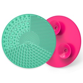 YalsFTY Silicone Makeup Brush Cleaning Mats with Suction Cups, Set of 2, Portable for Travel, Makeup Brush Cleaner Pads, For All Brush Types (Green and Rose)