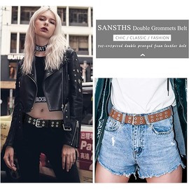 SANSTHS Double Grommet PU Leather Belt for Women Men Punk Rock Metal Jeans Belts, Black S
