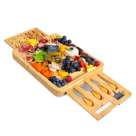 RoyalHouse Unique Bamboo Cheese Board and Knife Set with 2 Slide-Out Cutlery Drawers - Charcuterie Boards Set - Birthday Gifts for Women, Wedding Gifts for Couples 2025, Bridal Shower Gifts