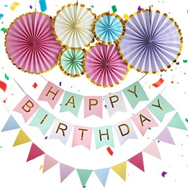 Geburtstagsdeko Mädchen, Macaron-Farbene Party-Dekoration mit Girlande und Papierfächern, Wiederverwendbare Kindergeburtstag Deko für Indoor und Outdoor Feiern, Geburtstagsdeko Frauen