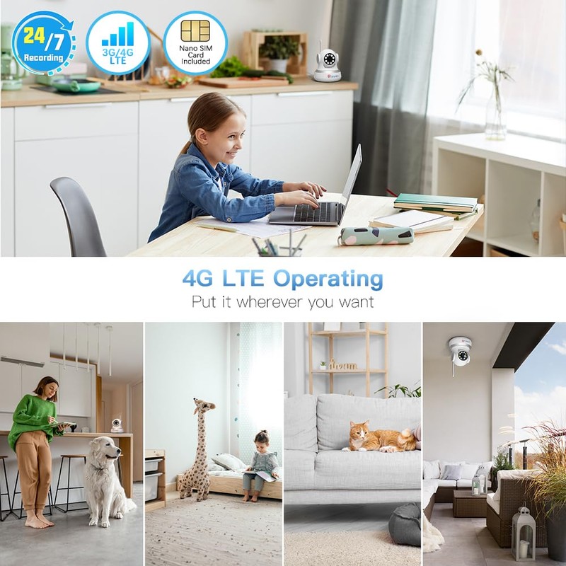 Ctronics 4G CCTV Cellular Surveillance Camera with SIM Card Indoor, 360° View Home Security Camera Indoor, Human/Motion Detection, Auto Tracking, 1080P Color Night Vision,