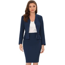 Allegra K Business Suit Sets for Women's 2 Piece Outfits Collarless Peplum Blazer Formal Pencil Skirt Suit Medium Dark Blue