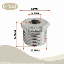 Bwintech 6 Pcs 3/4" Male to 1/2" Female BSP Thread Stainless Hex Bushing Reducing Connector for Pipe Connecting Conversion