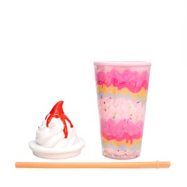 Bewaltz Ice Cream Cone Tumblers w/Straws 16oz BPA-Free Double-Wall Insulated To-Go Cup Drinkware for Summer Fun (Layered Strawberry)