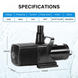 Simple Deluxe 180W 2642GPH Submersible Water Pump(10000L/H), Ultra Quiet(20.7ft High Lift), with 16ft Power Cord for Fish Tank, Pond, Aquarium, Statuary, Hydroponics