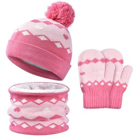 ITODA Kids Winter Warm Beanie Hat Scarf Gloves Set, 3 in 1 Thermal Knit Hat Pom-pom Bobble Hat Fleece Lined Beanie Hat Neck Snood Mittens Winter Accessories Sets for 1-6 Years Old Toddler Girls Boys
