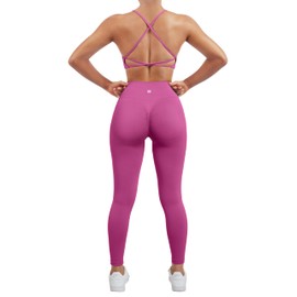 SUUKSESS Women Seamless 2 piece Workout Sets Strappy Padded Sports Bra Booty High Waisted Leggings Outfits (Hot Pink,L)