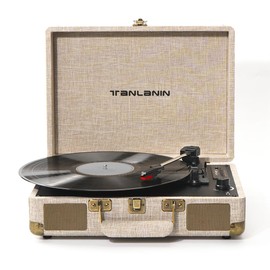 Vinyl Record Player Bluetooth Vintage 3-Speed Portable Suitcase LP Player with Built-in Speakers & USB Recording, 33 45 78RPM Belt-Driven Turntable Support RCA Out AUX-in Headphone Jack, Beige Linen