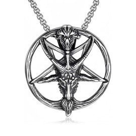 Viskmdi Satanic Goat Pentagram Necklace Stainless Steel Gothic Baphomet Necklace with Both Sided Circle Pendant Retro Church Talisman Satanic Jewelry for Men