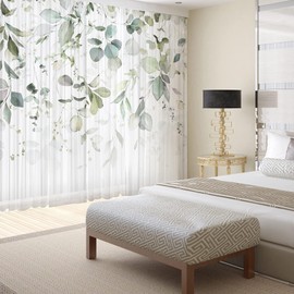 Fereyis Green Eucalyptus Leaves Curtains for Living Room 96 inch Length 2 Panels Set Elegant Dragonfly Floral Spring Printed Window Curtain Natural Sheer Chiffon Drapes for Bedroom