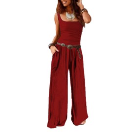 Addkaka Womens Summer Casual Jumpsuit Solid Tank Top Sleeveless Overalls Stretchy Wide Leg Long Romper with Pockets Red Medium