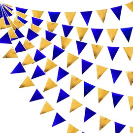 32 ft Blue Gold Fabric Triangle Banner Flag Double Sided Metallic Holographic Pennant Bunting Garland for Bachelorette Engagement Wedding Birthday Baby Shower Anniversary Graduation Decorations