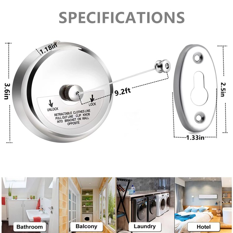 JIMSUMM Retractable Clothesline, 304 Stainless Steel Shower Clothesline, 9.2ft Adjustable