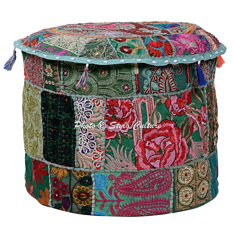 Stylo Culture Cotton Patchwork Embroidered Ottoman Stool Pouf Cover Green