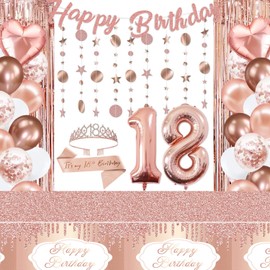 18th Birthday Decorations for Girl - Rose Gold 18 Birthday Decorations with Happy Birthday Banner, Balloons, Tablecloth Sash and Tiara for Girls Princess Daughter 18th Birthday Party Supplies