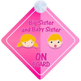 Children on Board Car Sign - Big Sister & Baby Sister Design with Strong Suction Cup | QG Ltd