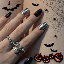 CUZIAM Press On Nails Short Almond Shape - Soft Gel Black Silver Fake Nails with Adhesive Tabs, Gel Glue, Cleaning Wipes & Nail File, All Nail Types Compatible, 32pcs 16 Sizes (Daily Wear)