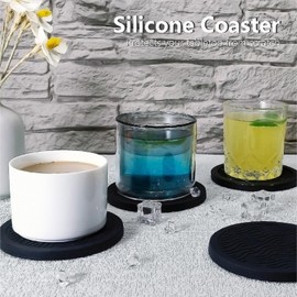 Set of 4 Black Silicone Coasters, Double-Sided Absorbent Felt & Non-Slip Cup Mats for Hot Cold Drinks, Deep Tray Design Table Desk Outdoor Use