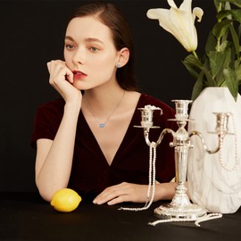 Bestyle Sterling Silver March Birthstone Pendant Necklace for Women Round Gemstone Necklace with Cubic Zircon Birthday Gift for Wife Mom