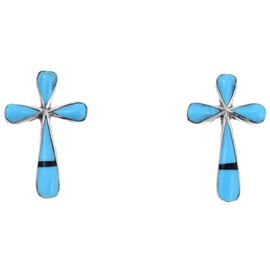 Zuni Inlaid Turquoise Silver Cross Earrings Assorted Gemstone Inlays Small Sterling Studs 0056